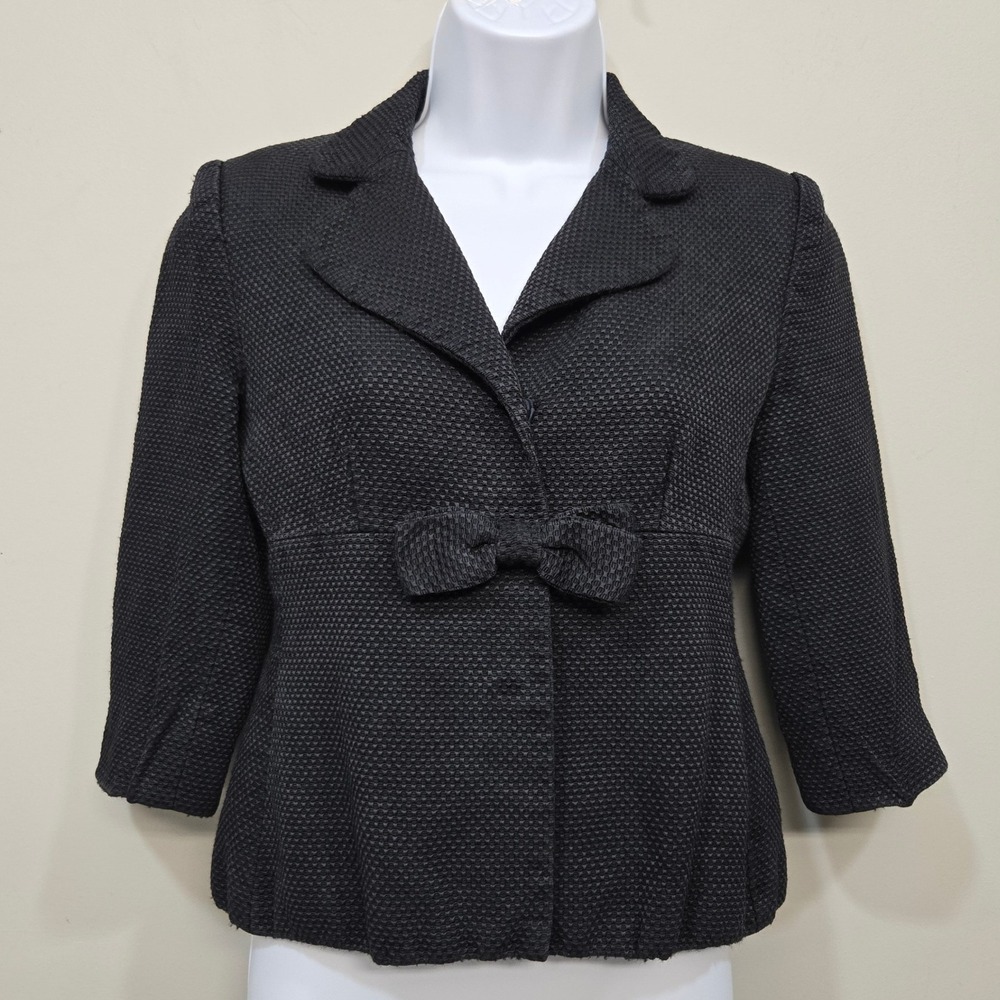 Sara Campbell Cropped Blazer Jacket Womens 8 Black Wool Silk Bow Mod Coquette